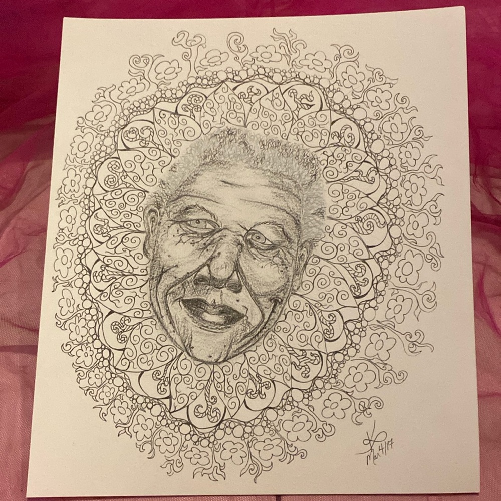 Unframed Original Art Drawing Portrait of a Nelson Mandela Mandala Ink & Pencil